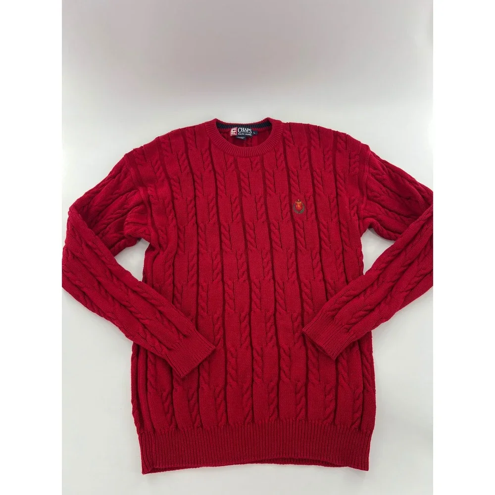 Vintage Chaps Ralph Lauren Mens Cable Knit Cotton Crewneck Sweater Crest Logo L